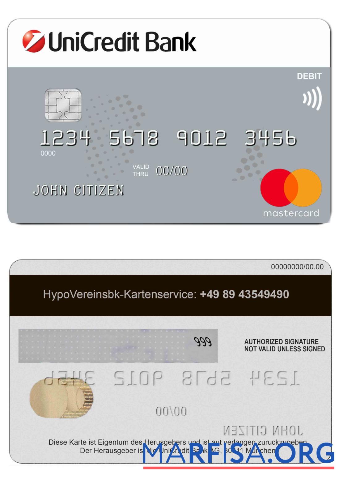 Blank Germany UniCredit Bank MasterCard Credit Card example